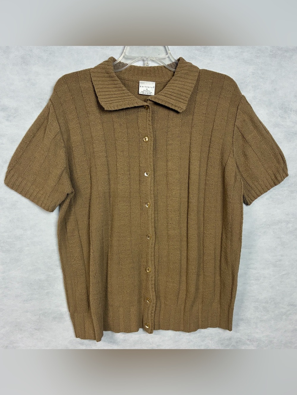 Vtg Partners II Cardigan Womens 1X Beige Short Sleeve Button Up Collared Sweater
